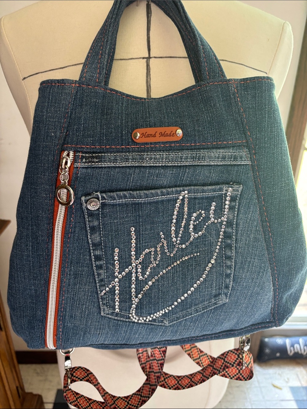 Handmade Harley-Davidson Dark Blue Denim Tote with Silver Crystal Script.
